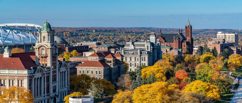 Aerial view of campus in the fall